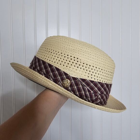 Beaver Brand Hats Straw Trilby Fedora Hat Milanette Weave Buffalo Nickel Plaid - Picture 11 of 11